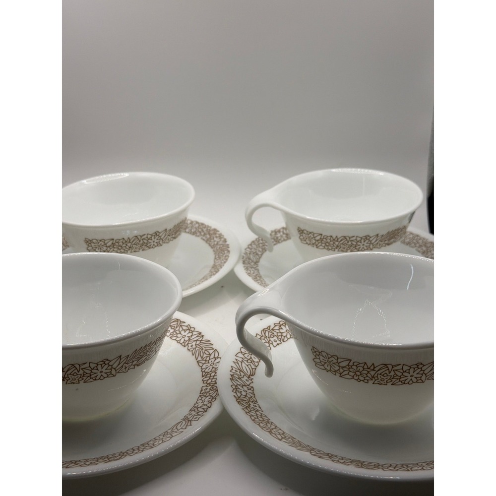 4 Corelle WOODLAND BROWN Hook Handle Cups & Saucers